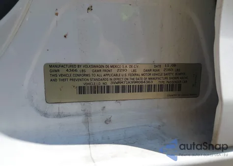 2009 Volkswagen Jetta Se z USA, uszkodzony, nr VIN 3VWRM71K99M084363